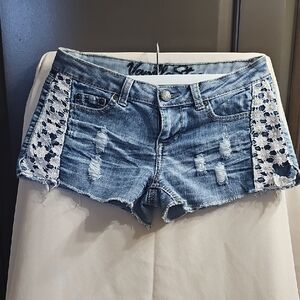 Vanilla Star Blue Distressed Jean Shorts with Lace